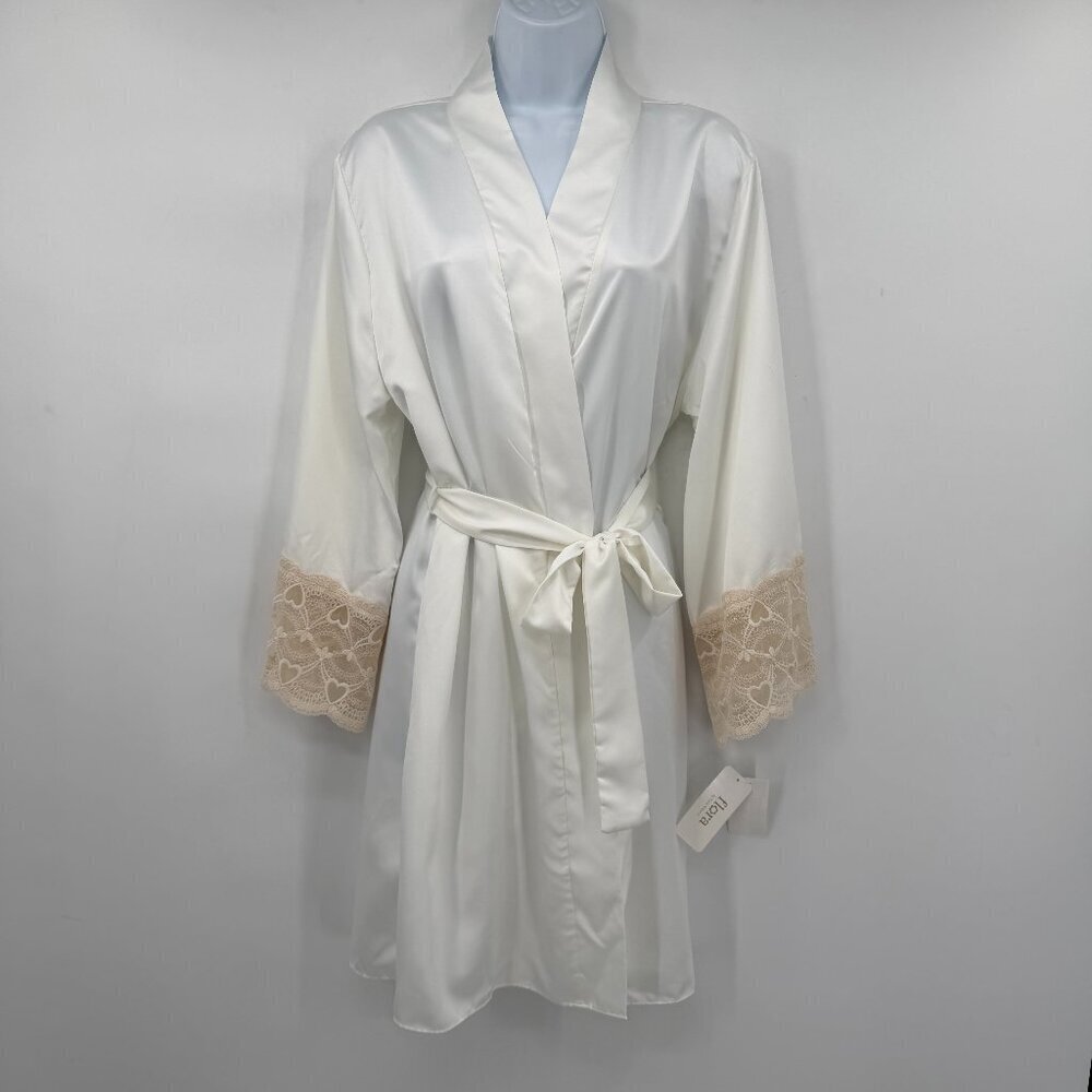 Women’s Flora by Flora Nikrooz Ivory Satin Robe L/XL Lace Trim Tie Waist NWT